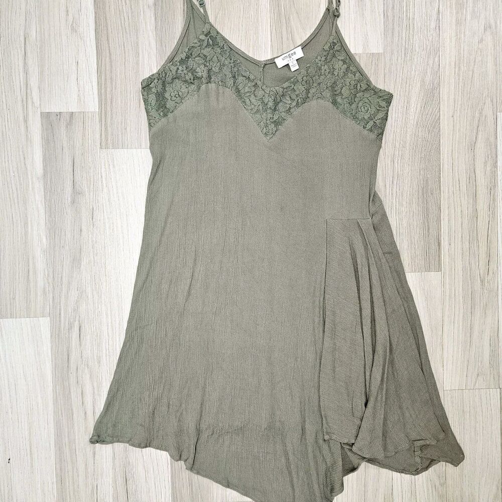 Umgee Womens Green Mini Dress Strappy Gathered Waist V-neck Lace Trim Large Y2K